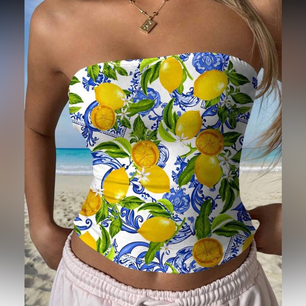 Lemon Print Vibrant Strapless Top NEW 🏷️